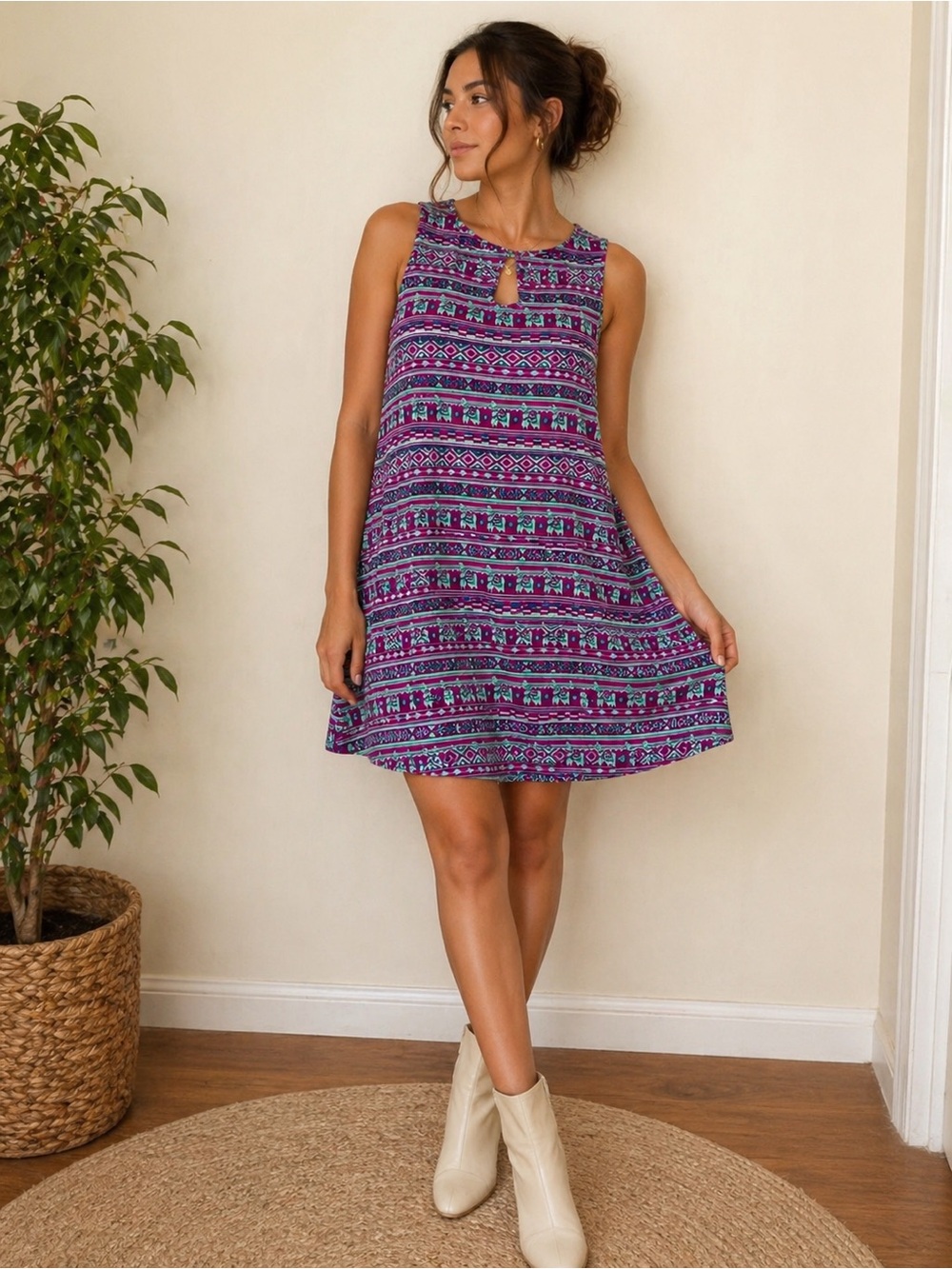 Sleeveless A-Line Dress in Teal and Purple by